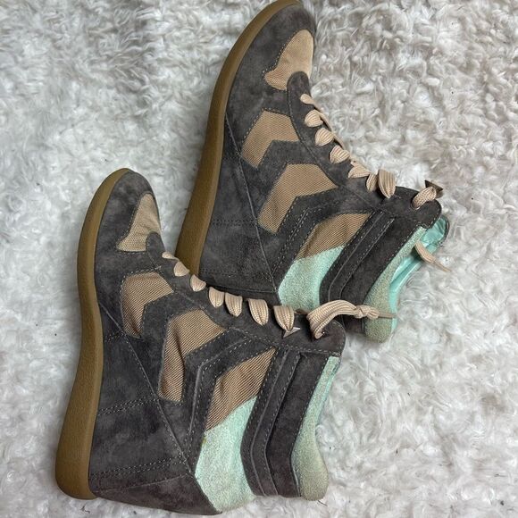 Sam Edelman leather suede gray & mint green &fabric tan lace up wedge bo… - Picture 9 of 14